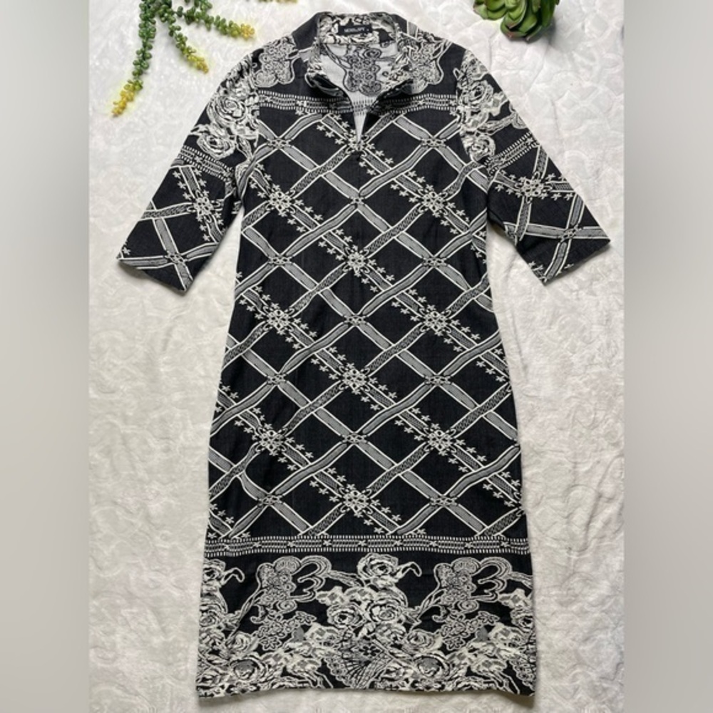 Moss & Spy Stretch Jacquard Embroidered 3/4 Sleeve Midi Dress in Black White 12